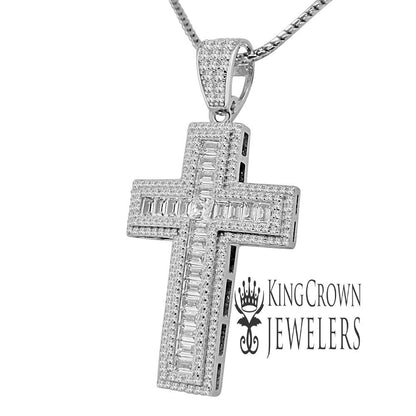 Baguette Simulated Diamond Holy Cross Religious God Real White Gold Silver Pendant Charm + Chain 2''