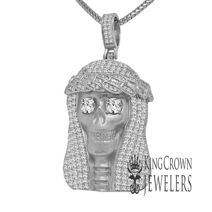 Mens Genuine White Gold Sterling Silver Angel Of Death Skull Head Grim Reaper Pendent Charm Chain Set