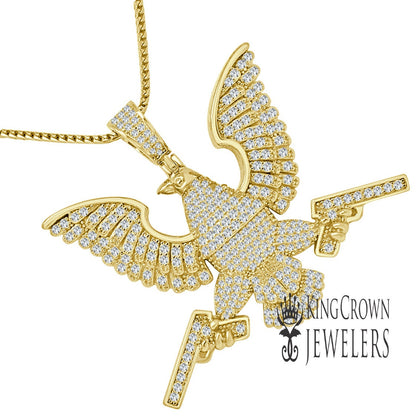 Pure Italian Yellow Gold Sterling Silver Egyptian Eagle Falcon Holding Guns Pendent Charm + Chain