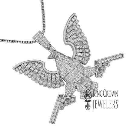 Pure Italian White Gold Sterling Silver Egyptian Eagle Falcon Holding Guns Pendent Charm + Chain