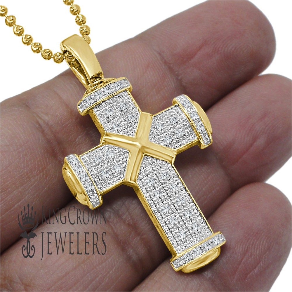 Real Genuine Authentic Diamond Jesus Crist Holy Cross Designer Pipe Pole Pendant 10K Gold Finish Unisex Charm Chain Neckless Set 1.75''