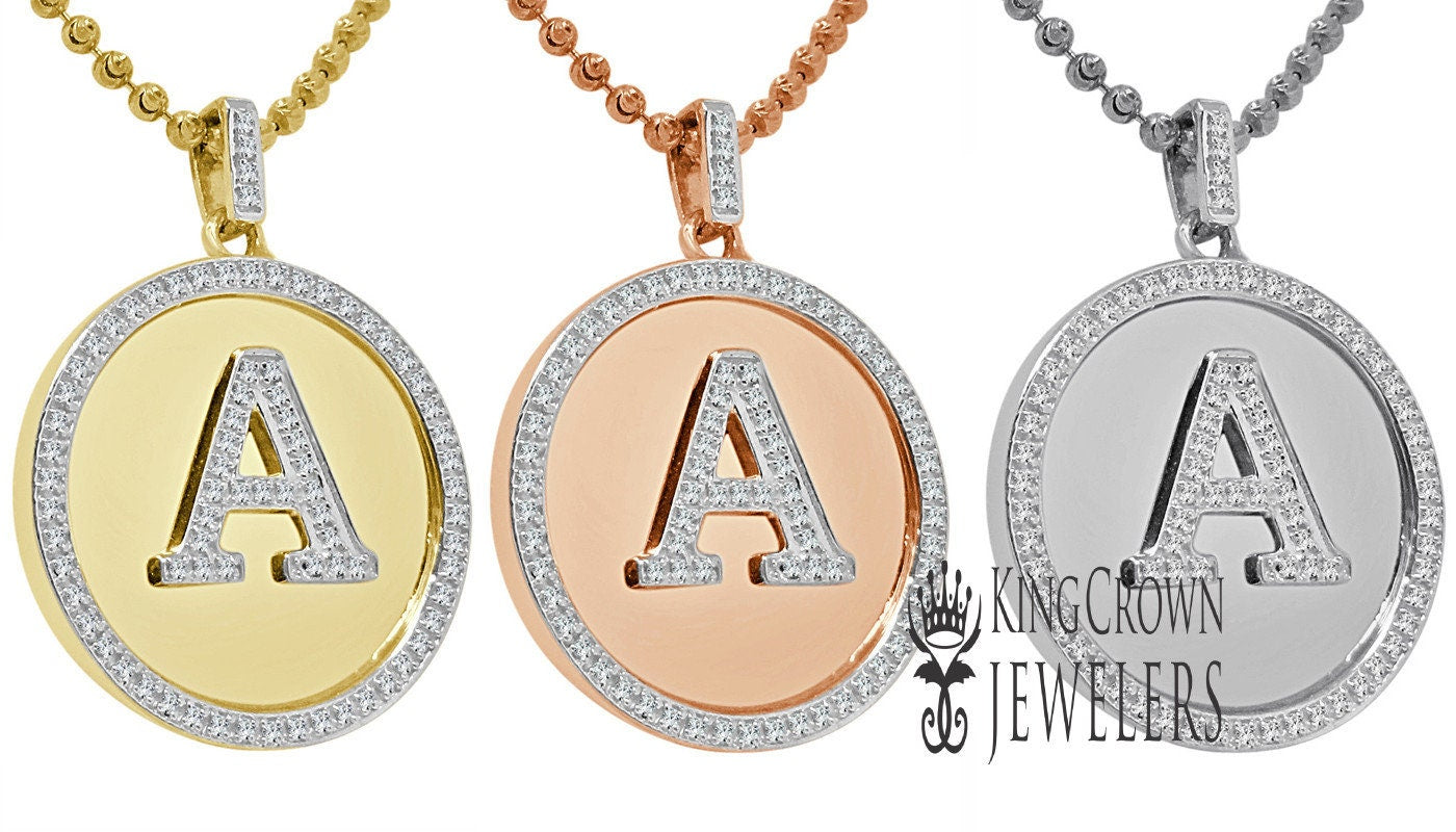 Real Genuine Authentic Diamonds Alphabet Initial Letters "A" Charm Round Pendent Chain Set 10K Gold Finish