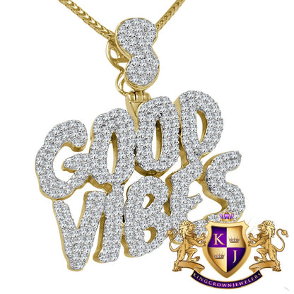 Real Yellow Gold Sterling Silver Custom Piece Simulated Diamond GOOD VIBES Charm Pendent Chain Set