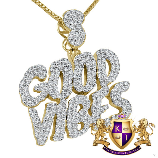 Real Yellow Gold Sterling Silver Custom Piece Simulated Diamond GOOD VIBES Charm Pendent Chain Set