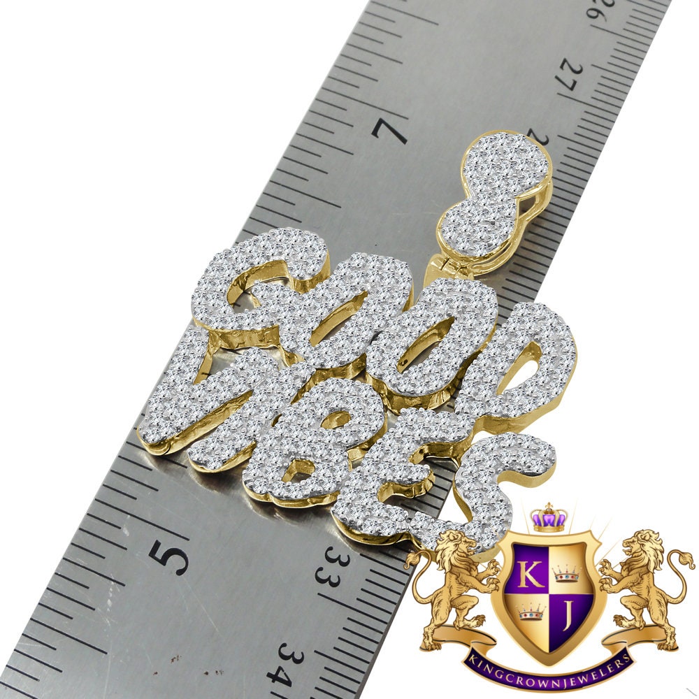 Real Yellow Gold Sterling Silver Custom Piece Simulated Diamond GOOD VIBES Charm Pendent Chain Set