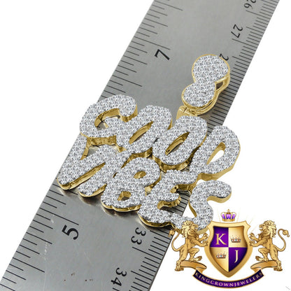 Real Yellow Gold Sterling Silver Custom Piece Simulated Diamond GOOD VIBES Charm Pendent Chain Set