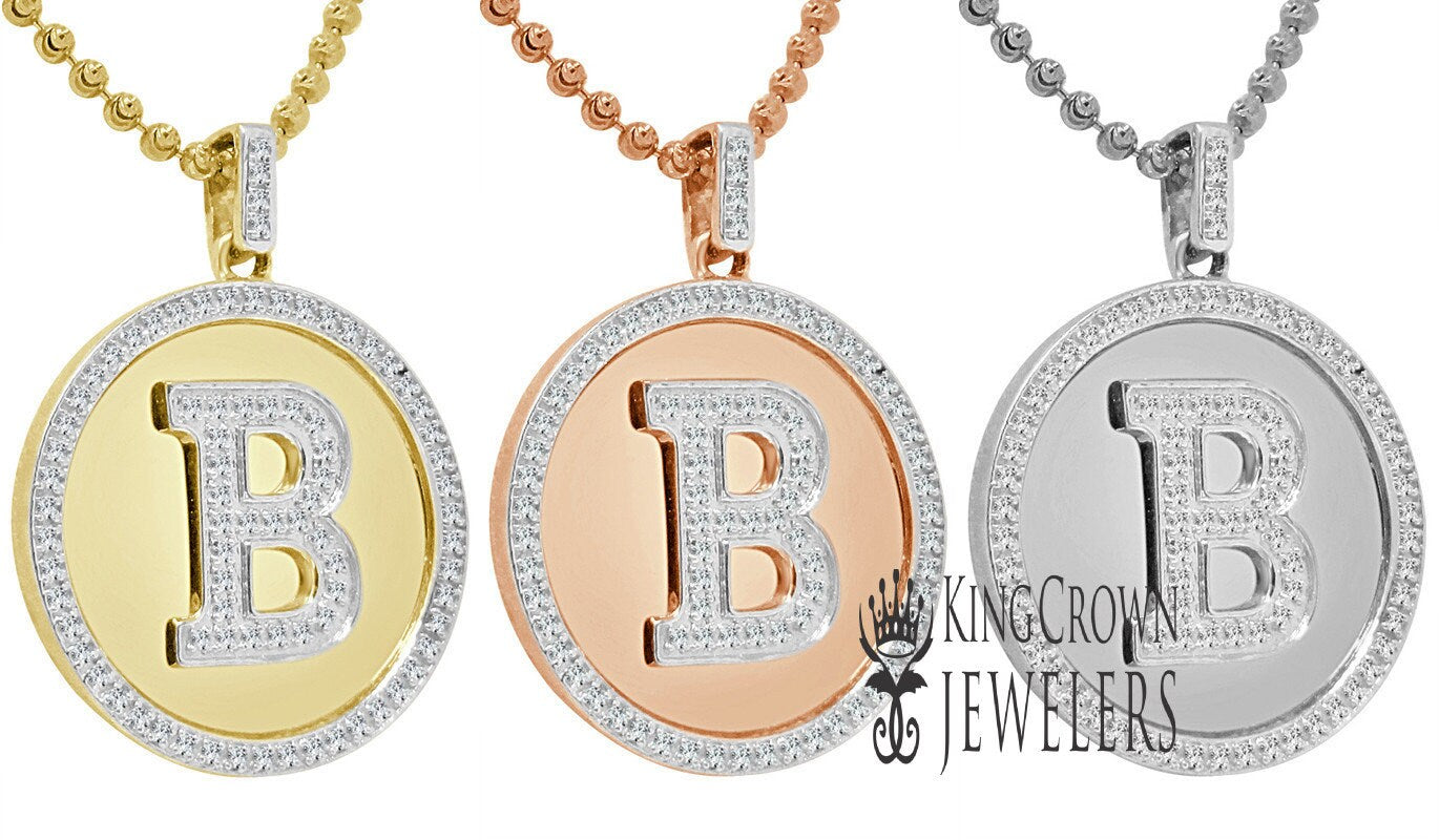Real Genuine Authentic Diamonds Alphabet Initial Letters "B" Charm Round Pendent Chain Set 10K Gold Finish