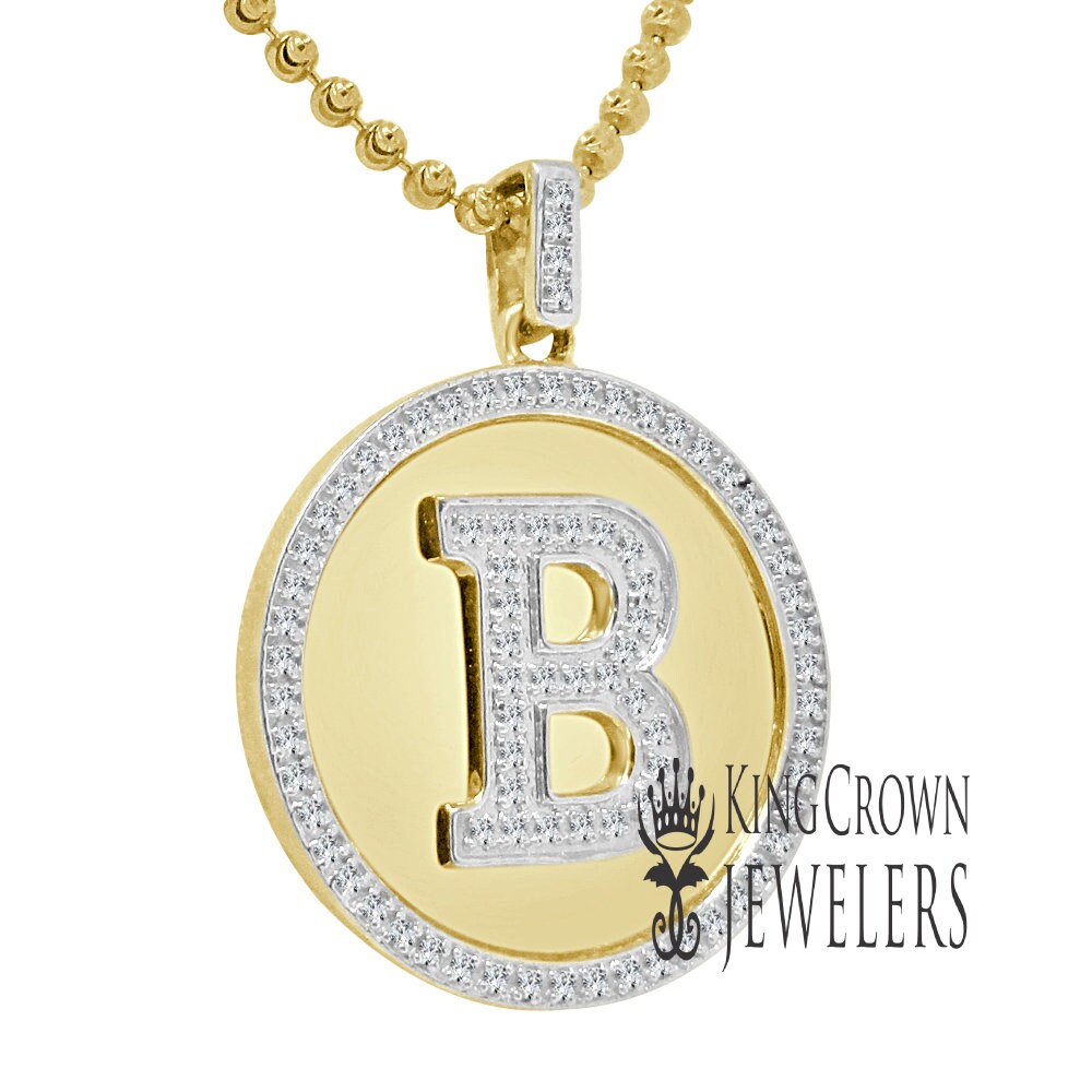Real Genuine Authentic Diamonds Alphabet Initial Letters "B" Charm Round Pendent Chain Set 10K Gold Finish