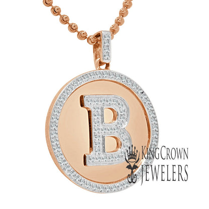 Real Genuine Authentic Diamonds Alphabet Initial Letters "B" Charm Round Pendent Chain Set 10K Gold Finish