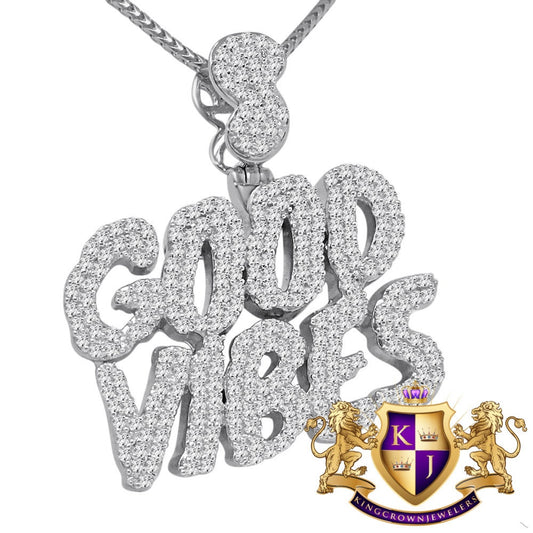 Real White Gold Sterling Silver Custom Piece Simulated Diamond GOOD VIBES Charm Pendent Chain Set
