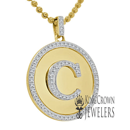 Real Genuine Authentic Diamonds Alphabet Initial Letters "C" Charm Round Pendent Chain Set 10K Gold Finish