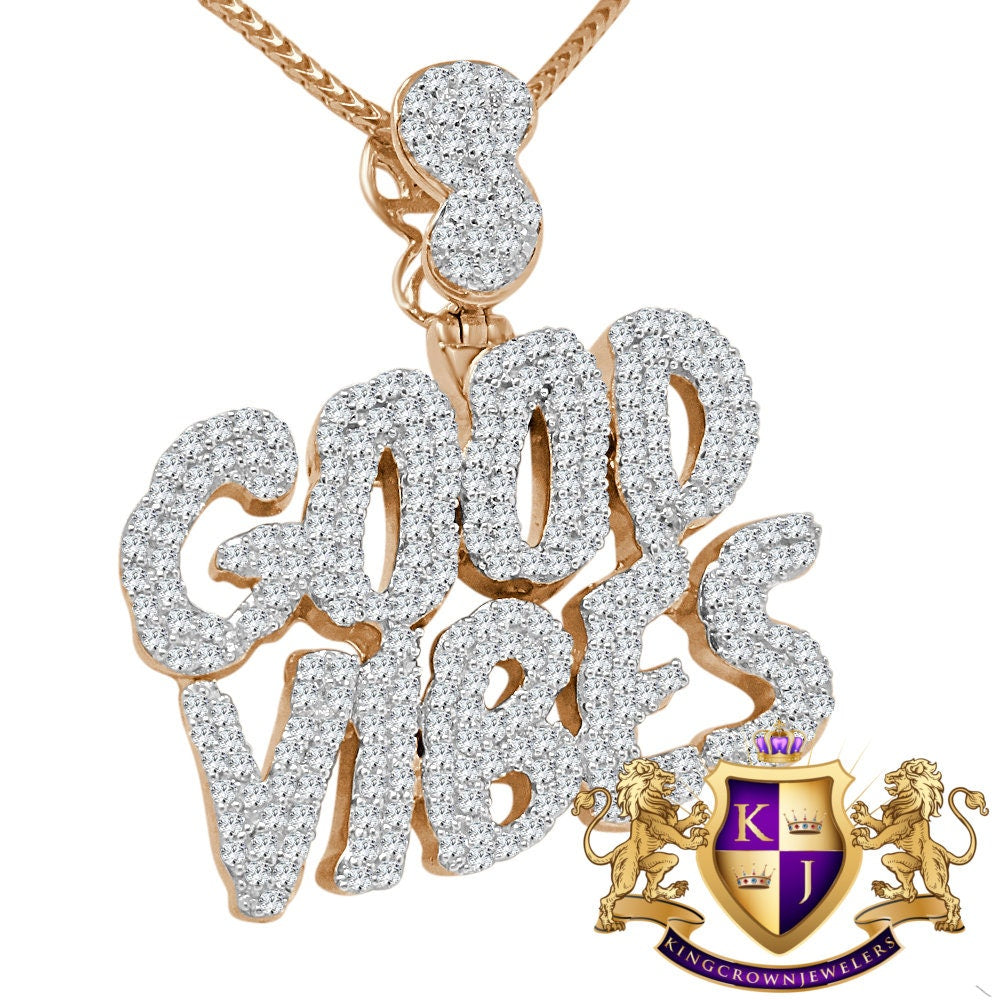 Real Rose Gold Sterling Silver Custom Piece Simulated Diamond GOOD VIBES Charm Pendent Chain Set