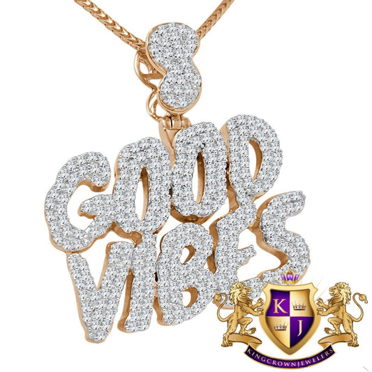 Real Rose Gold Sterling Silver Custom Piece Simulated Diamond GOOD VIBES Charm Pendent Chain Set