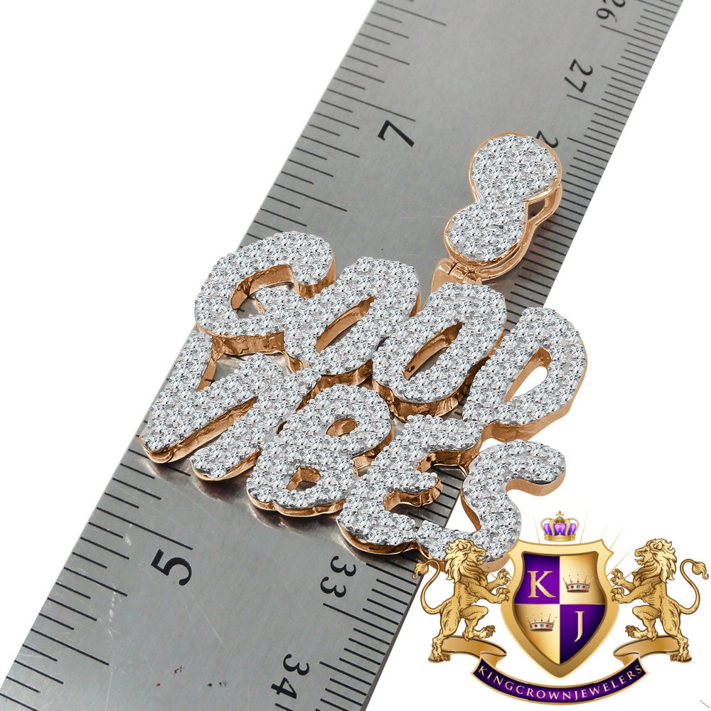 Real Rose Gold Sterling Silver Custom Piece Simulated Diamond GOOD VIBES Charm Pendent Chain Set