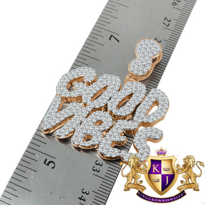 Real Rose Gold Sterling Silver Custom Piece Simulated Diamond GOOD VIBES Charm Pendent Chain Set