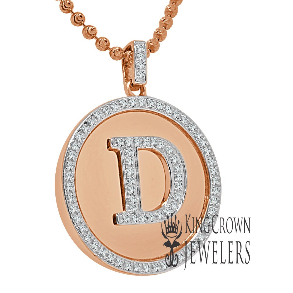 Real Genuine Authentic Diamonds Alphabet Initial Letters "D" Charm Round Pendent Chain Set 10K Gold Finish