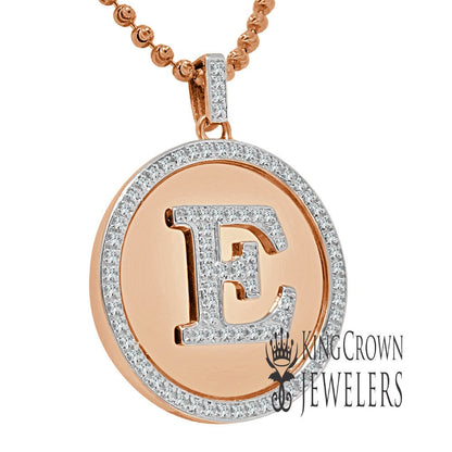 Real Genuine Authentic Diamonds Alphabet Initial Letters "E" Charm Round Pendent Chain Set 10K Gold Finish