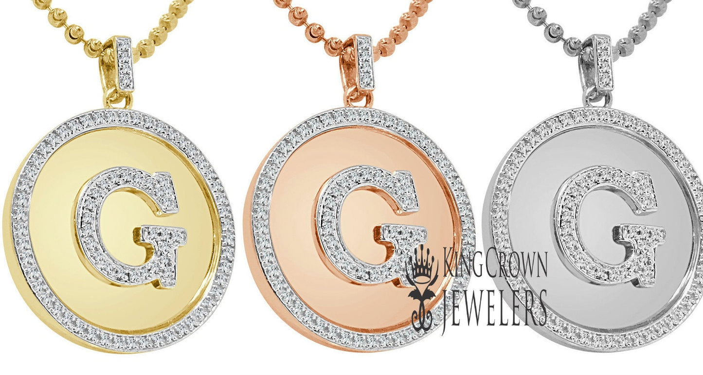 Real Genuine Authentic Diamonds Alphabet Initial Letters "G" Charm Round Pendent Chain Set 10K Gold Finish