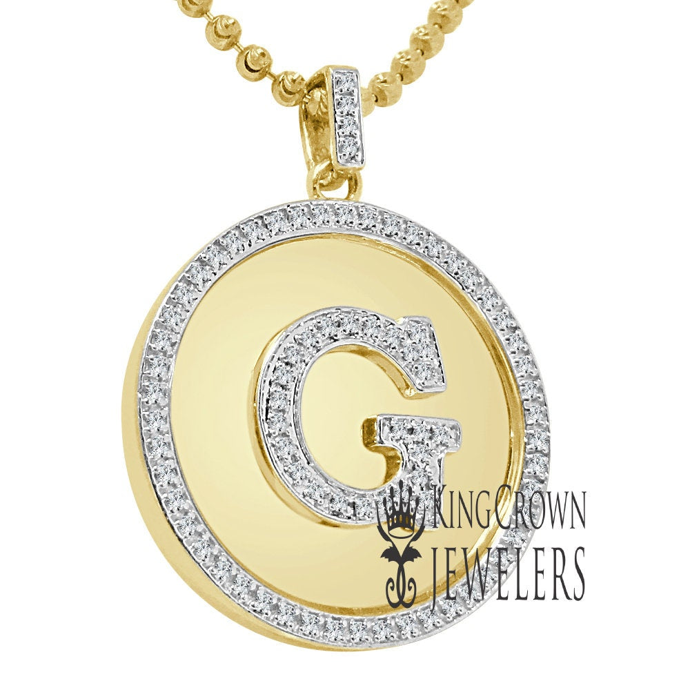 Real Genuine Authentic Diamonds Alphabet Initial Letters "G" Charm Round Pendent Chain Set 10K Gold Finish