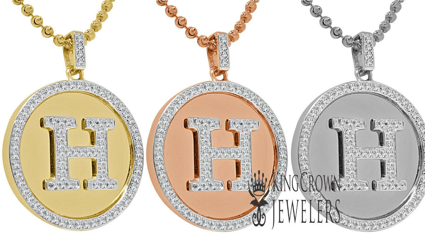 Real Genuine Authentic Diamonds Alphabet Initial Letters "H" Charm Round Pendent Chain Set 10K Gold Finish