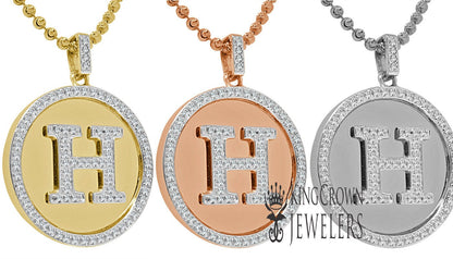 Real Genuine Authentic Diamonds Alphabet Initial Letters "H" Charm Round Pendent Chain Set 10K Gold Finish