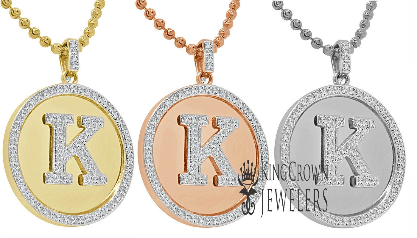 Real Genuine Authentic Diamonds Alphabet Initial Letters "K" Charm Round Pendent Chain Set 10K Gold Finish