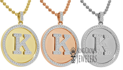 Real Genuine Authentic Diamonds Alphabet Initial Letters "K" Charm Round Pendent Chain Set 10K Gold Finish