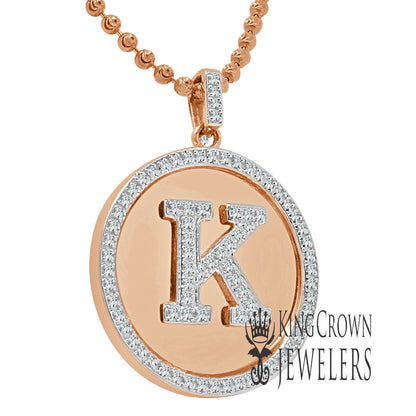 Real Genuine Authentic Diamonds Alphabet Initial Letters "K" Charm Round Pendent Chain Set 10K Gold Finish