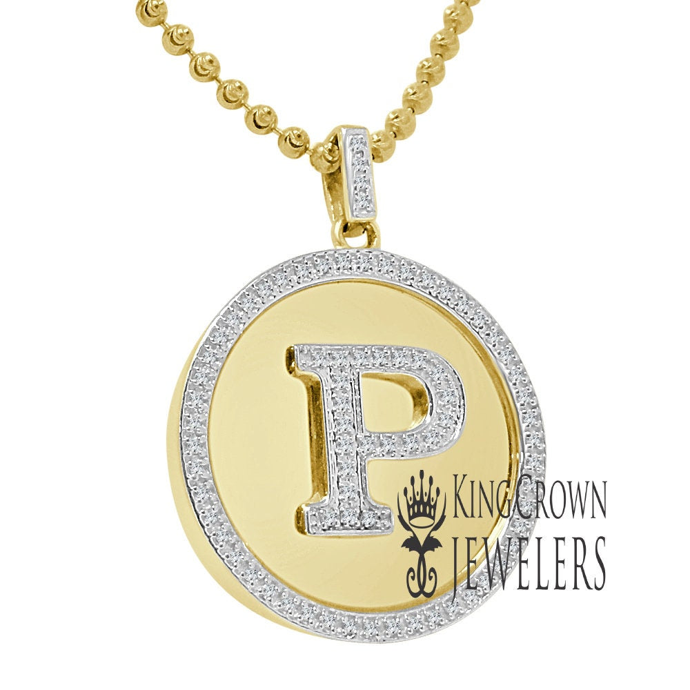 Real Genuine Authentic Diamonds Alphabet Initial Letters "P" Charm Round Pendent Chain Set 10K Gold Finish