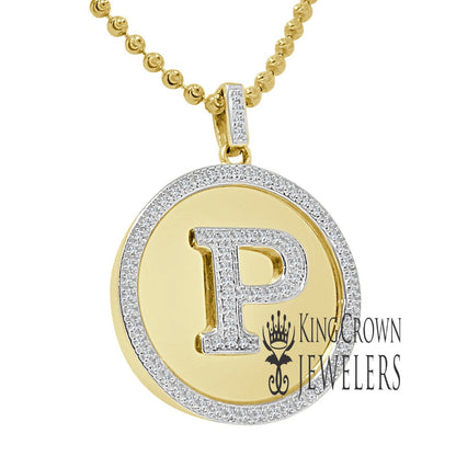 Real Genuine Authentic Diamonds Alphabet Initial Letters "P" Charm Round Pendent Chain Set 10K Gold Finish