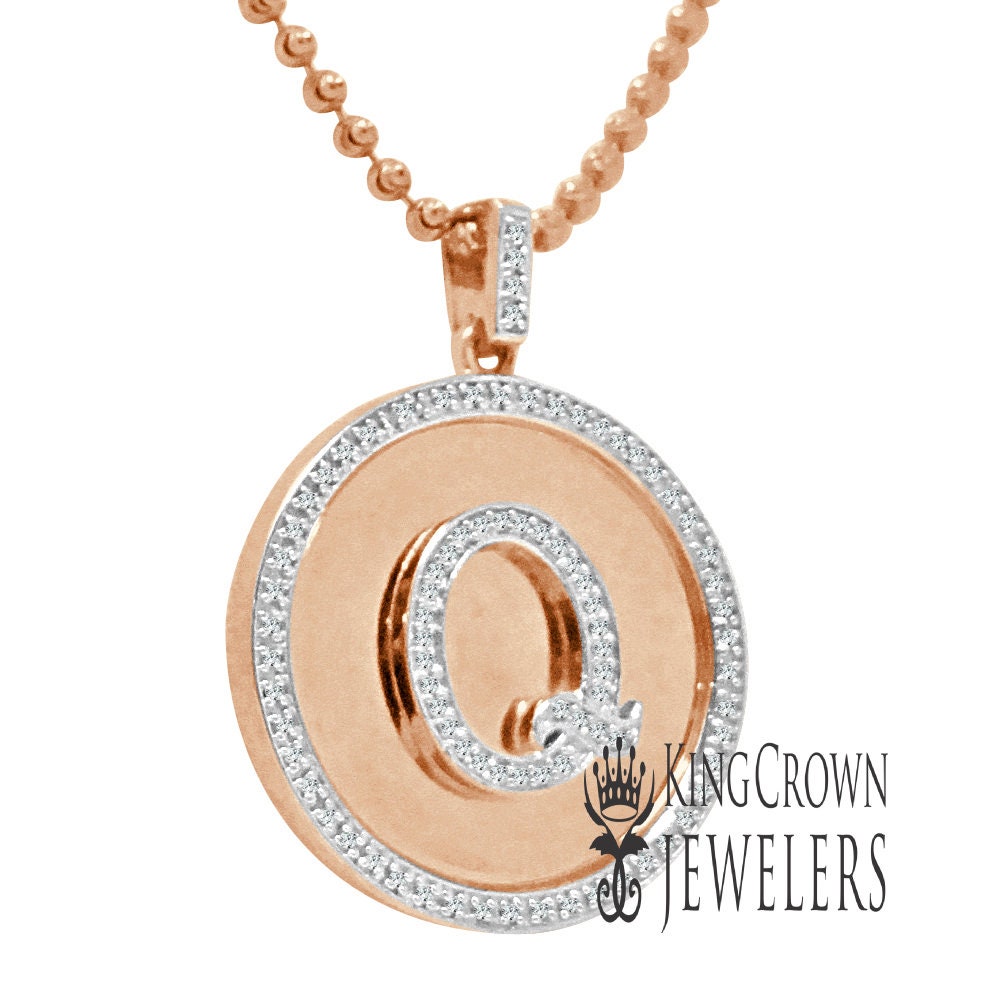 Real Genuine Authentic Diamonds Alphabet Initial Letters "Q" Charm Round Pendent Chain Set 10K Gold Finish