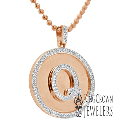 Real Genuine Authentic Diamonds Alphabet Initial Letters "Q" Charm Round Pendent Chain Set 10K Gold Finish