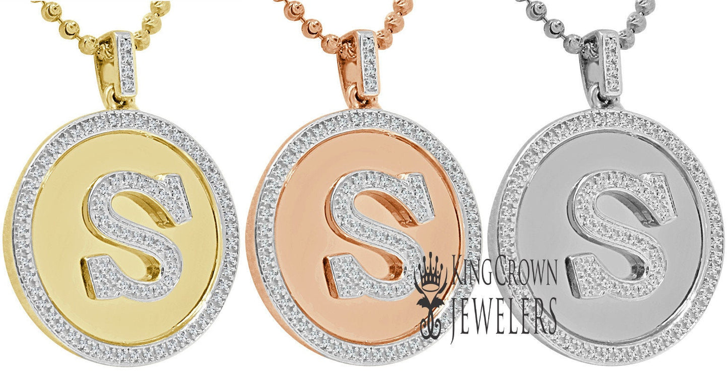 Real Genuine Authentic Diamonds Alphabet Initial Letters "S" Charm Round Pendent Chain Set 10K Gold Finish