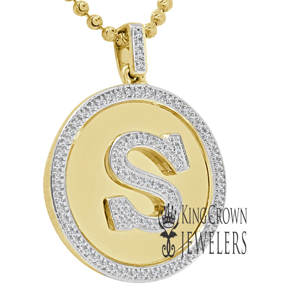 Real Genuine Authentic Diamonds Alphabet Initial Letters "S" Charm Round Pendent Chain Set 10K Gold Finish