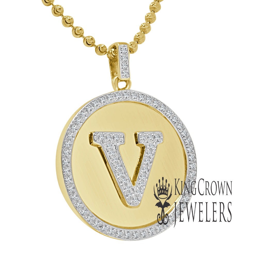 Real Genuine Authentic Diamonds Alphabet Initial Letters "V" Charm Round Pendent Chain Set 10K Gold Finish