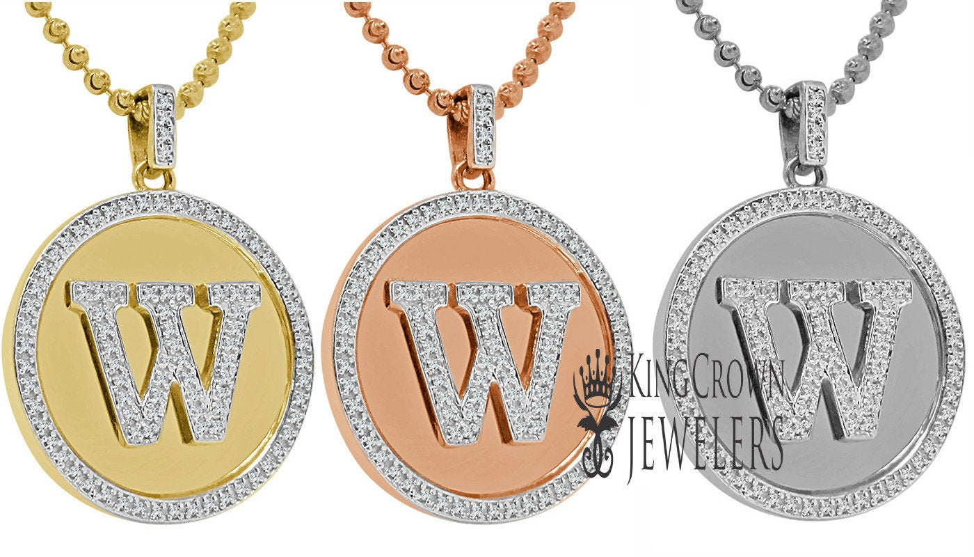 Real Genuine Authentic Diamonds Alphabet Initial Letters "W" Charm Round Pendent Chain Set 10K Gold Finish