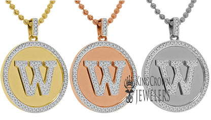 Real Genuine Authentic Diamonds Alphabet Initial Letters "W" Charm Round Pendent Chain Set 10K Gold Finish