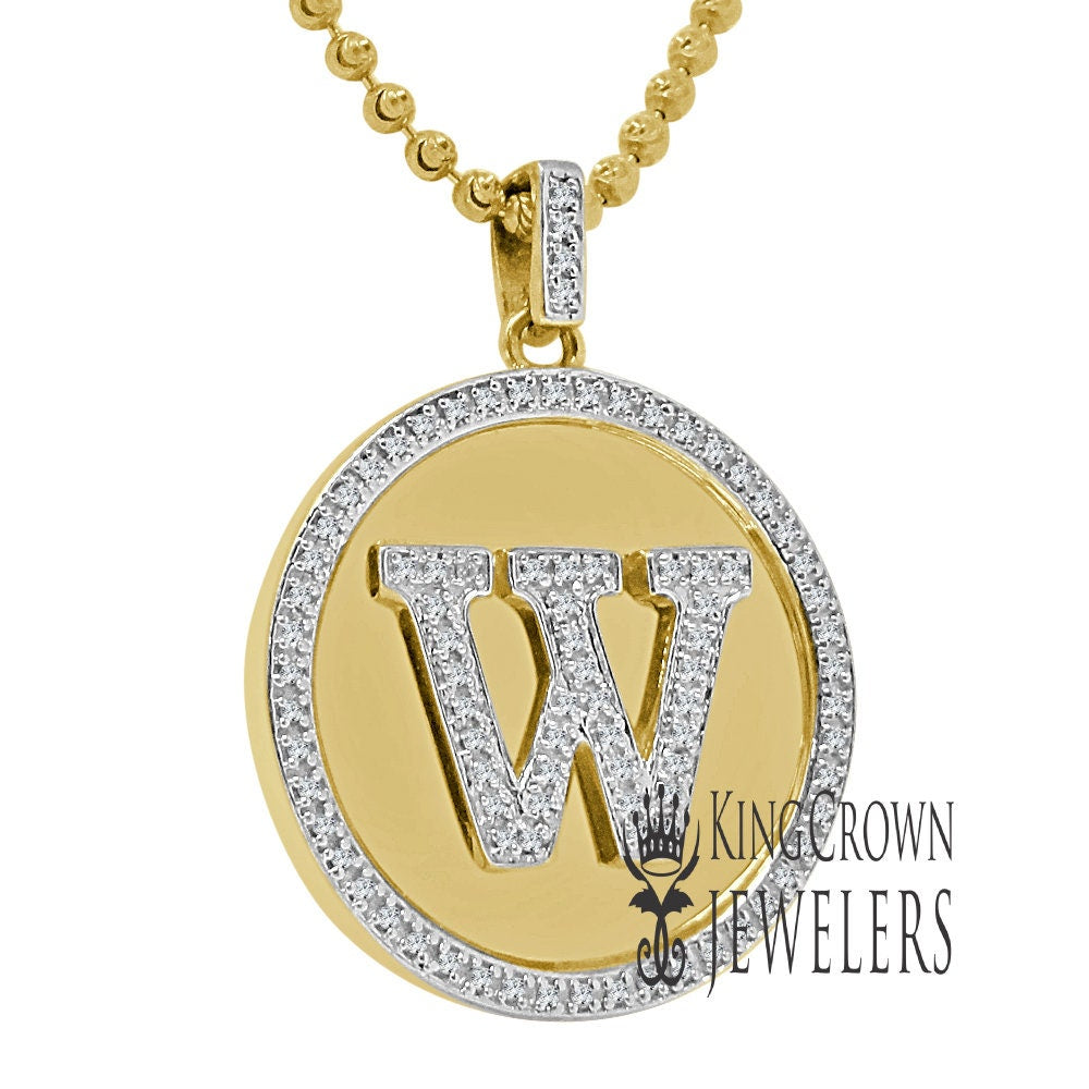 Real Genuine Authentic Diamonds Alphabet Initial Letters "W" Charm Round Pendent Chain Set 10K Gold Finish