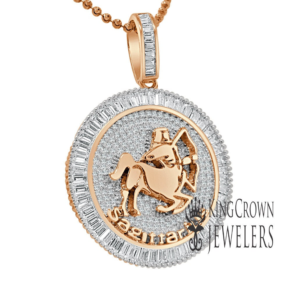10K Gold Finish Sagittarius Archer Zodiac Sign Astrology Horoscope Pendant Baguette/Round Cut Lab Diamond Charm Chain Set