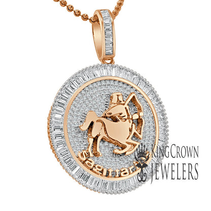 10K Gold Finish Sagittarius Archer Zodiac Sign Astrology Horoscope Pendant Baguette/Round Cut Lab Diamond Charm Chain Set