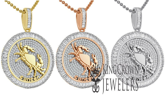 10K Gold Finish Cancer Crab Zodiac Sign Astrology Horoscope Pendant Baguette/Round Cut Lab Diamond Charm Chain Set