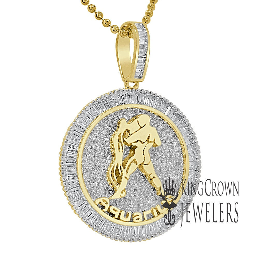 10K Gold Finish  Aquarius Water Zodiac Sign Astrology Horoscope Pendant Baguette/Round Cut Lab Diamond Charm Chain Set