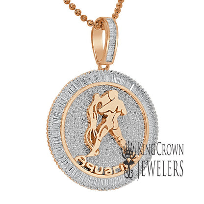 10K Gold Finish  Aquarius Water Zodiac Sign Astrology Horoscope Pendant Baguette/Round Cut Lab Diamond Charm Chain Set