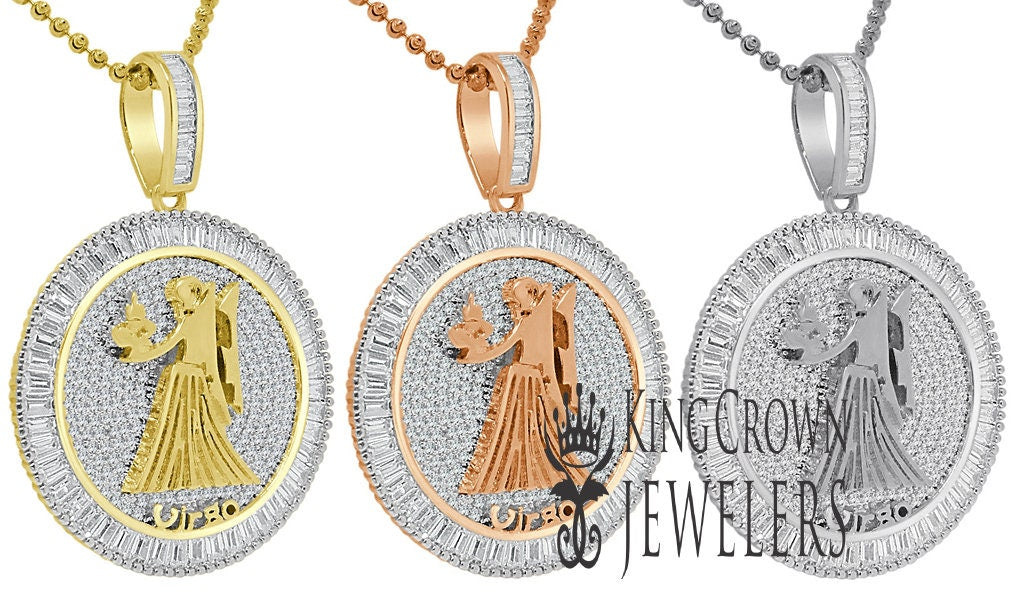 10K Gold Finish Virgo Zodiac Sign Astrology Horoscope Pendant Baguette/Round Cut Lab Diamond Charm Chain Set