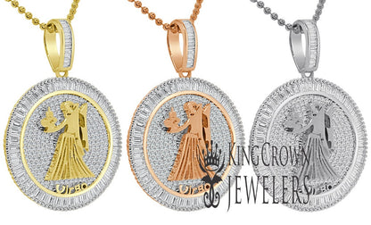 10K Gold Finish Virgo Zodiac Sign Astrology Horoscope Pendant Baguette/Round Cut Lab Diamond Charm Chain Set