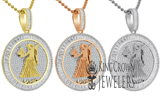10K Gold Finish Virgo Zodiac Sign Astrology Horoscope Pendant Baguette/Round Cut Lab Diamond Charm Chain Set