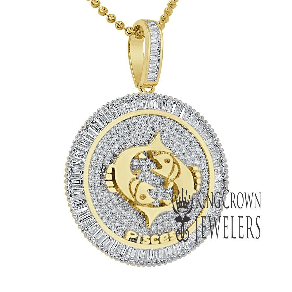 10K Gold Finish Pisces Fish Zodiac Sign Astrology Horoscope Pendant Baguette/Round Cut Lab Diamond Charm Chain Set