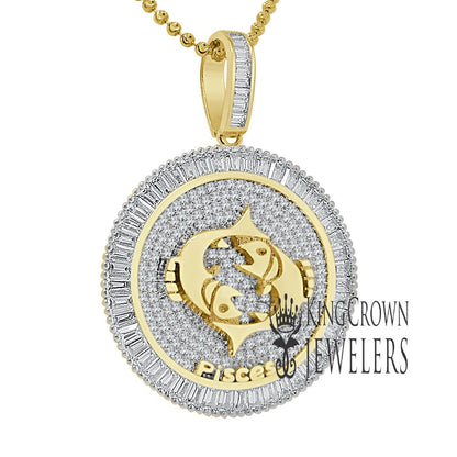 10K Gold Finish Pisces Fish Zodiac Sign Astrology Horoscope Pendant Baguette/Round Cut Lab Diamond Charm Chain Set