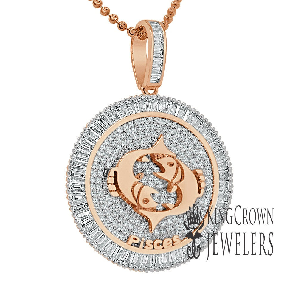 10K Gold Finish Pisces Fish Zodiac Sign Astrology Horoscope Pendant Baguette/Round Cut Lab Diamond Charm Chain Set