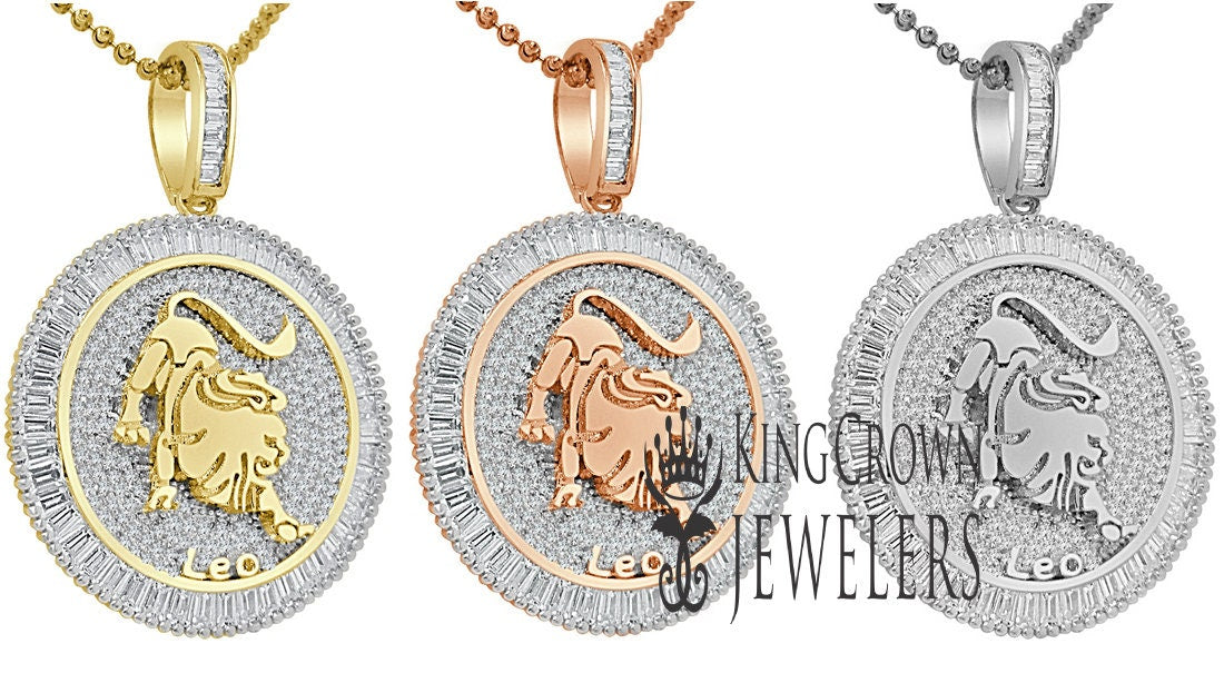 10K Gold Finish Leo Lion Zodiac Sign Astrology Horoscope Pendant Baguette/Round Cut Lab Diamond Charm Chain Set
